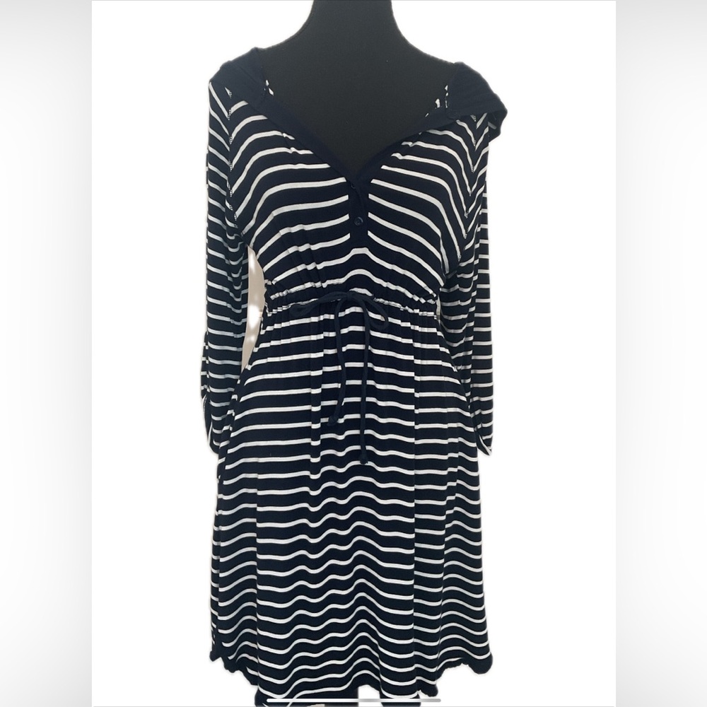 Charlie Paige Navy and White Striped 3/4 Sleeves & Hood Dress
